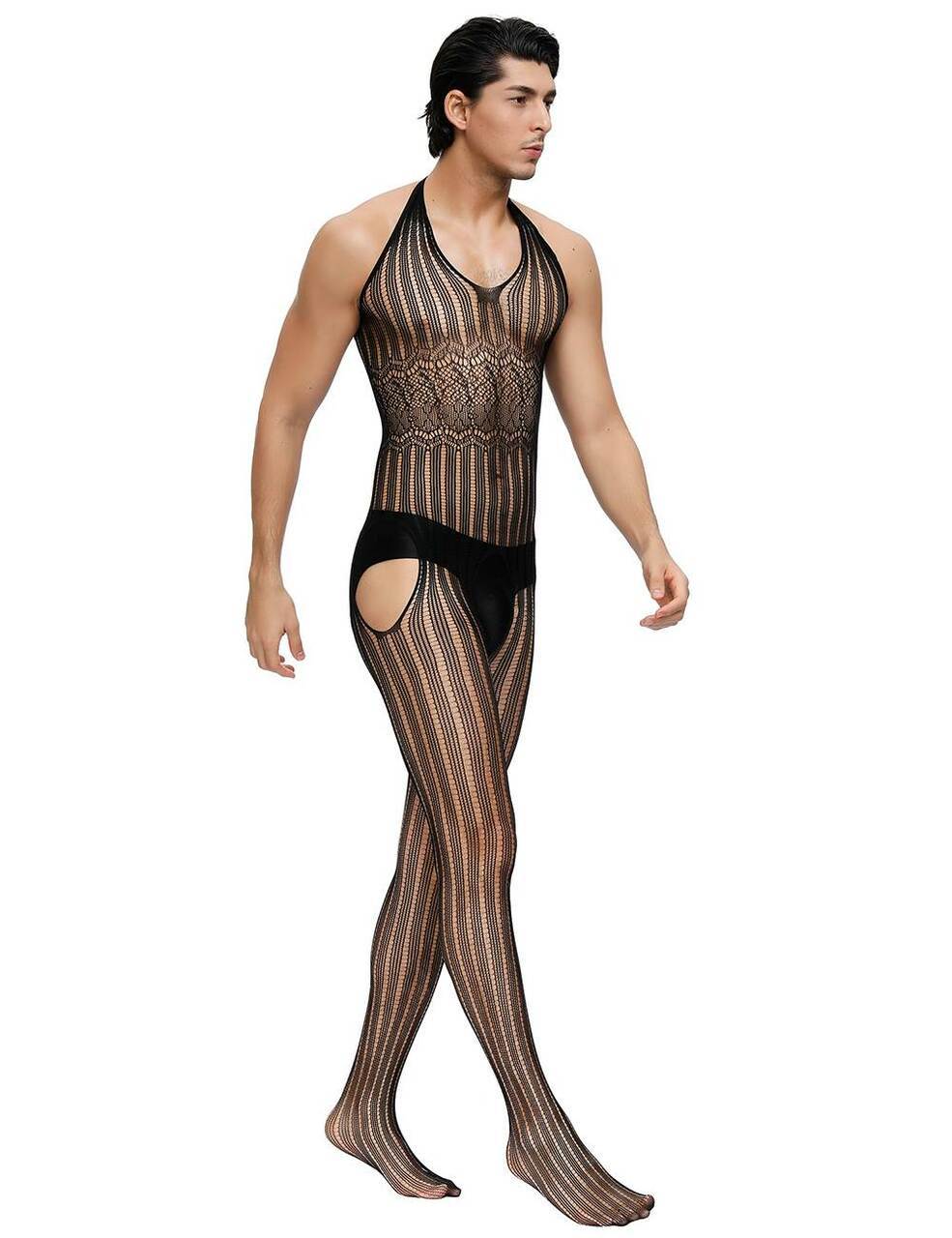 Mens Lingerie Sheer Pinstripe Mesh Bodystocking