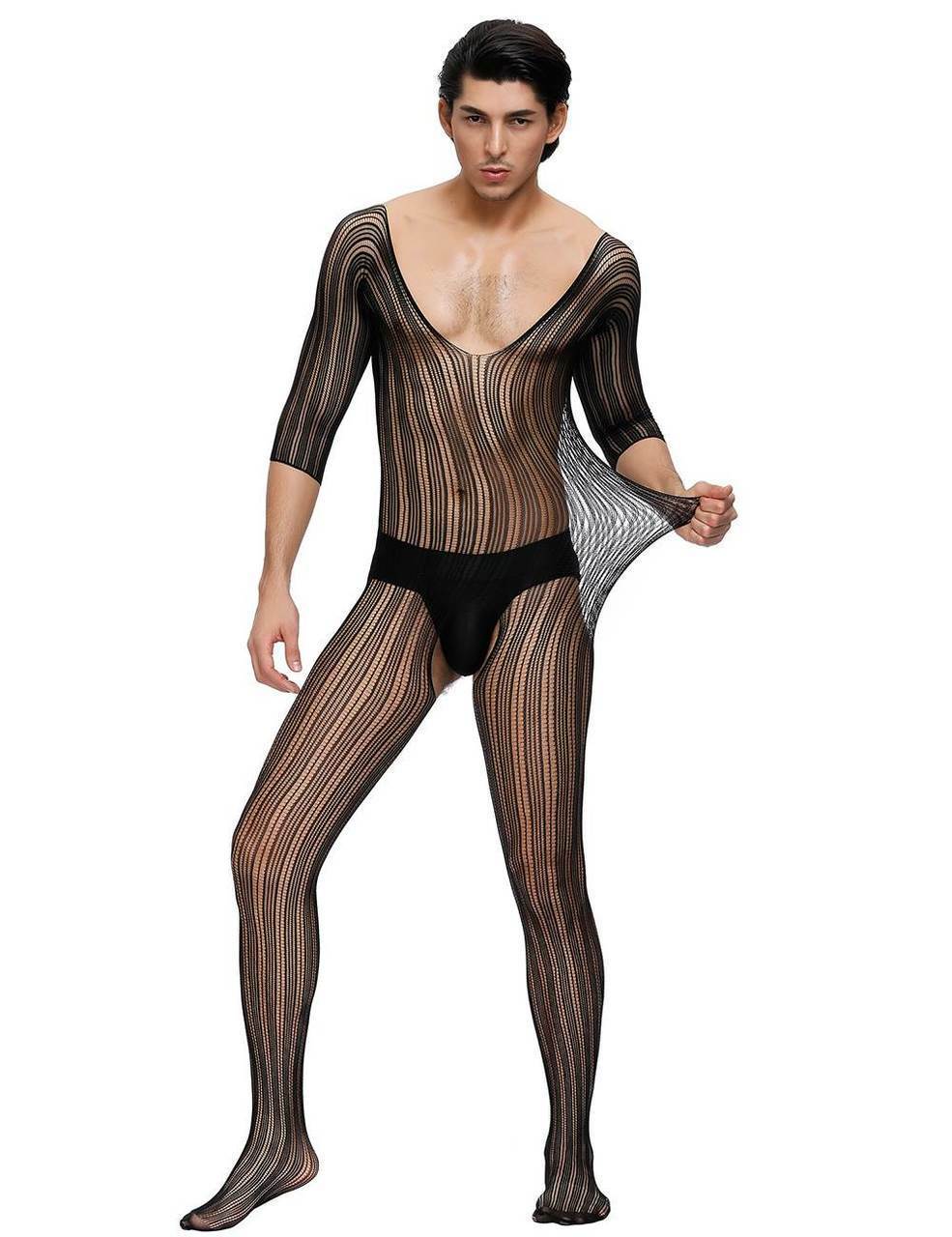 Mens Stretch Pinstripe Fishnet Bodystocking with Sleeves