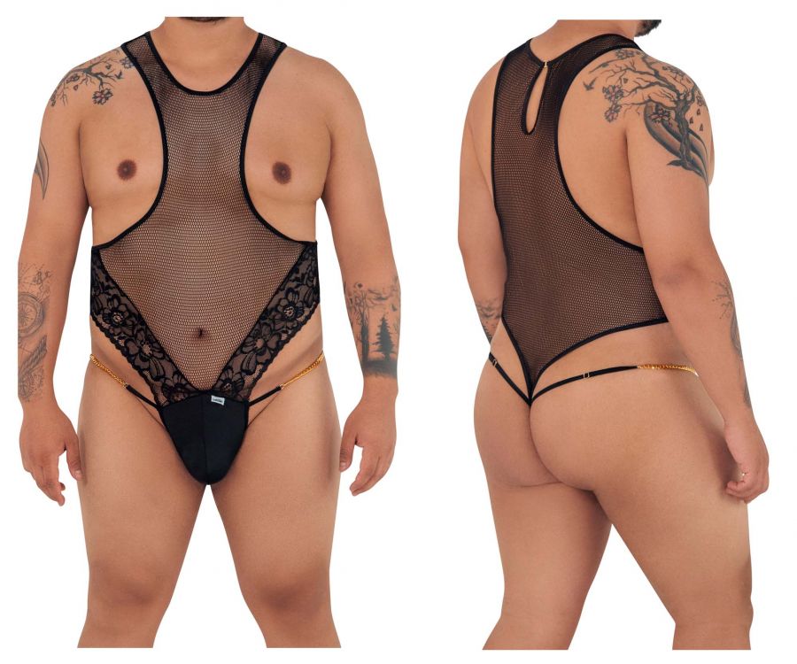 JCSTK - CandyMan 99584X Mesh-Lace Bodysuit Black Plus Sizes