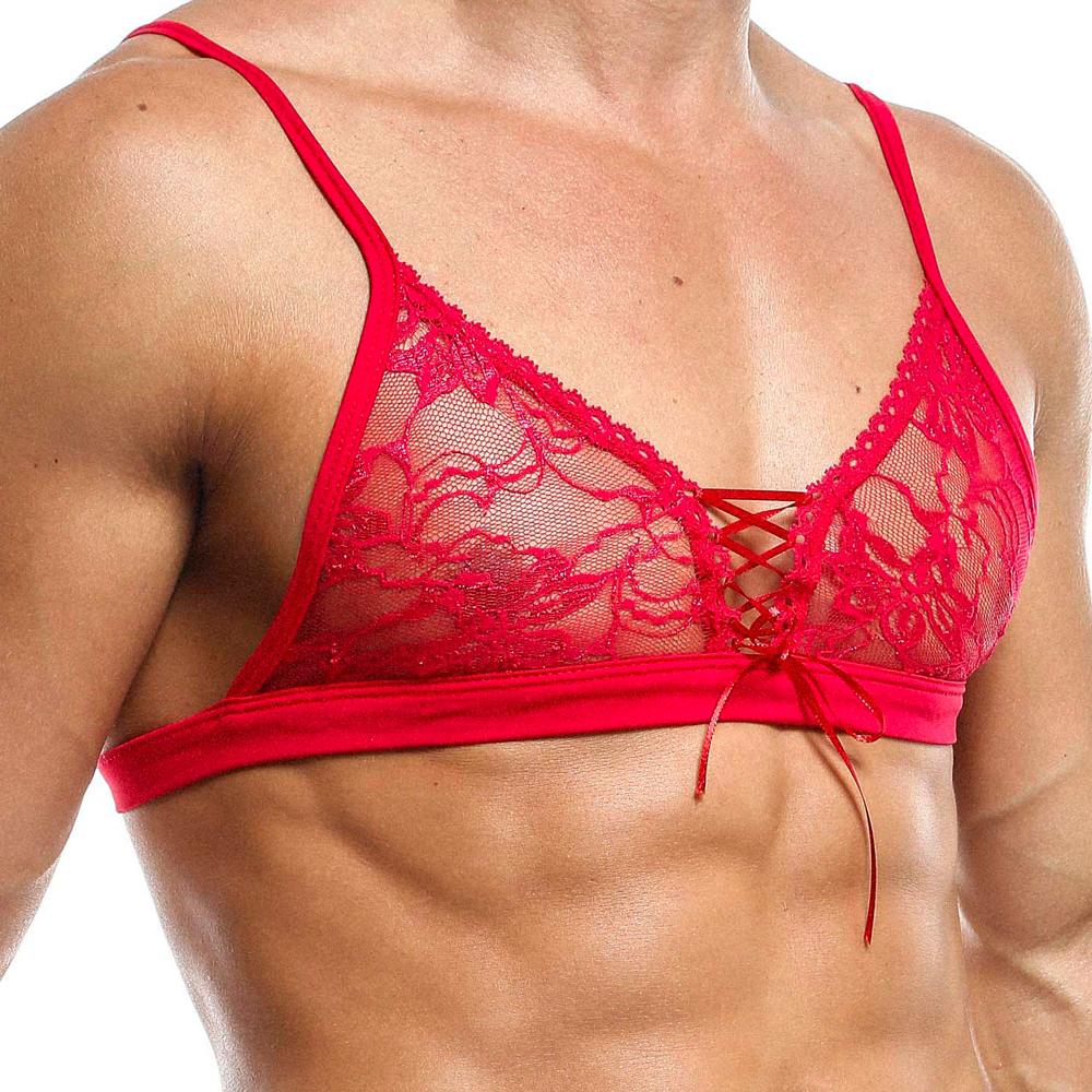 JCSTK - Mens Secret Male SMA012 Lace Bra Top with Lace-up Front Red