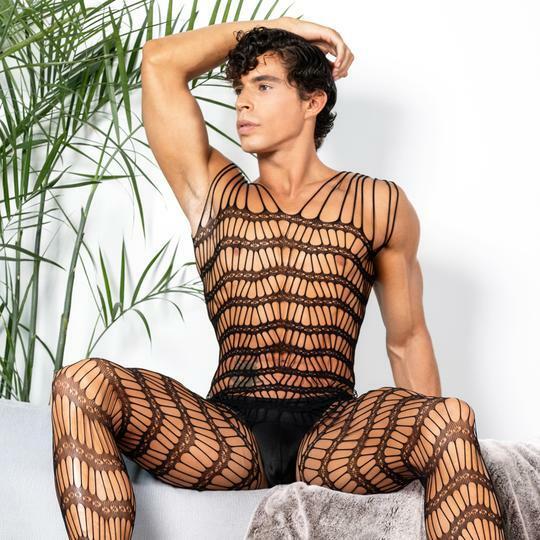 Mens Bodystocking Sheer Open Net with Strappy Shoulders