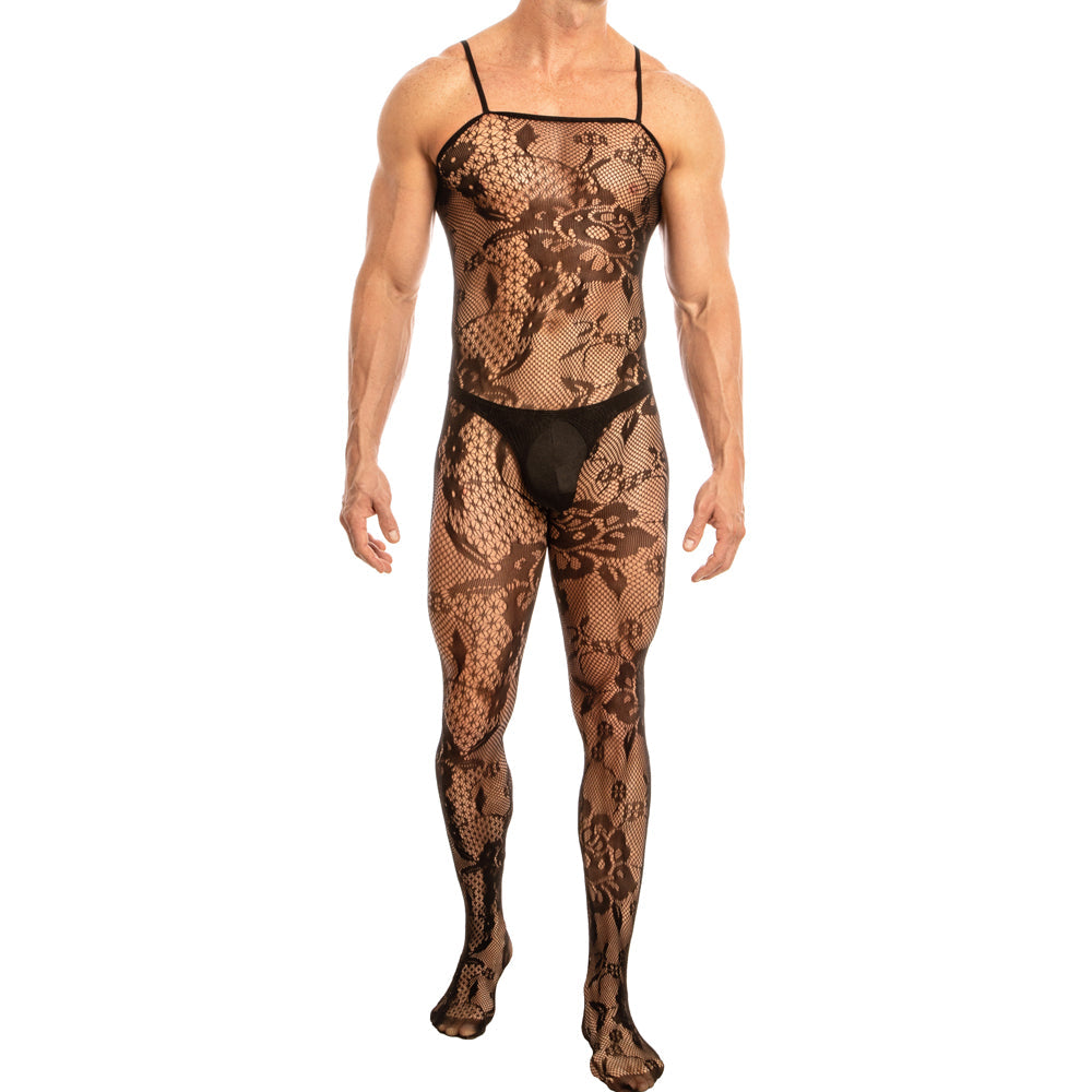 JCSTK - Unisex OY-MP161 Floral Lace Bodystocking with Thin Straps Black