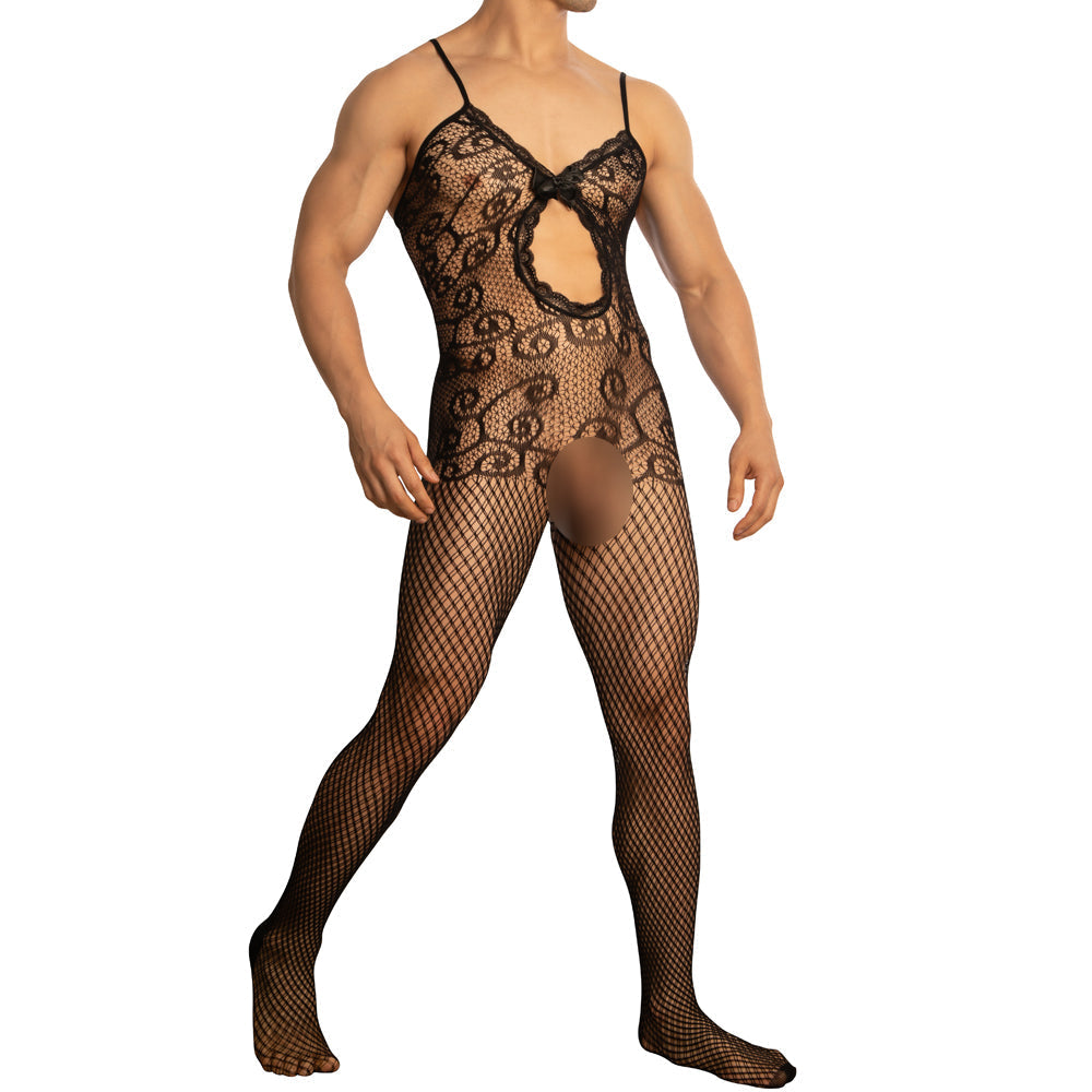 JCSTK - Unisex OY-MP159 Lingerie Crocheted Fishnet Bodystocking with Keyhole Front Black