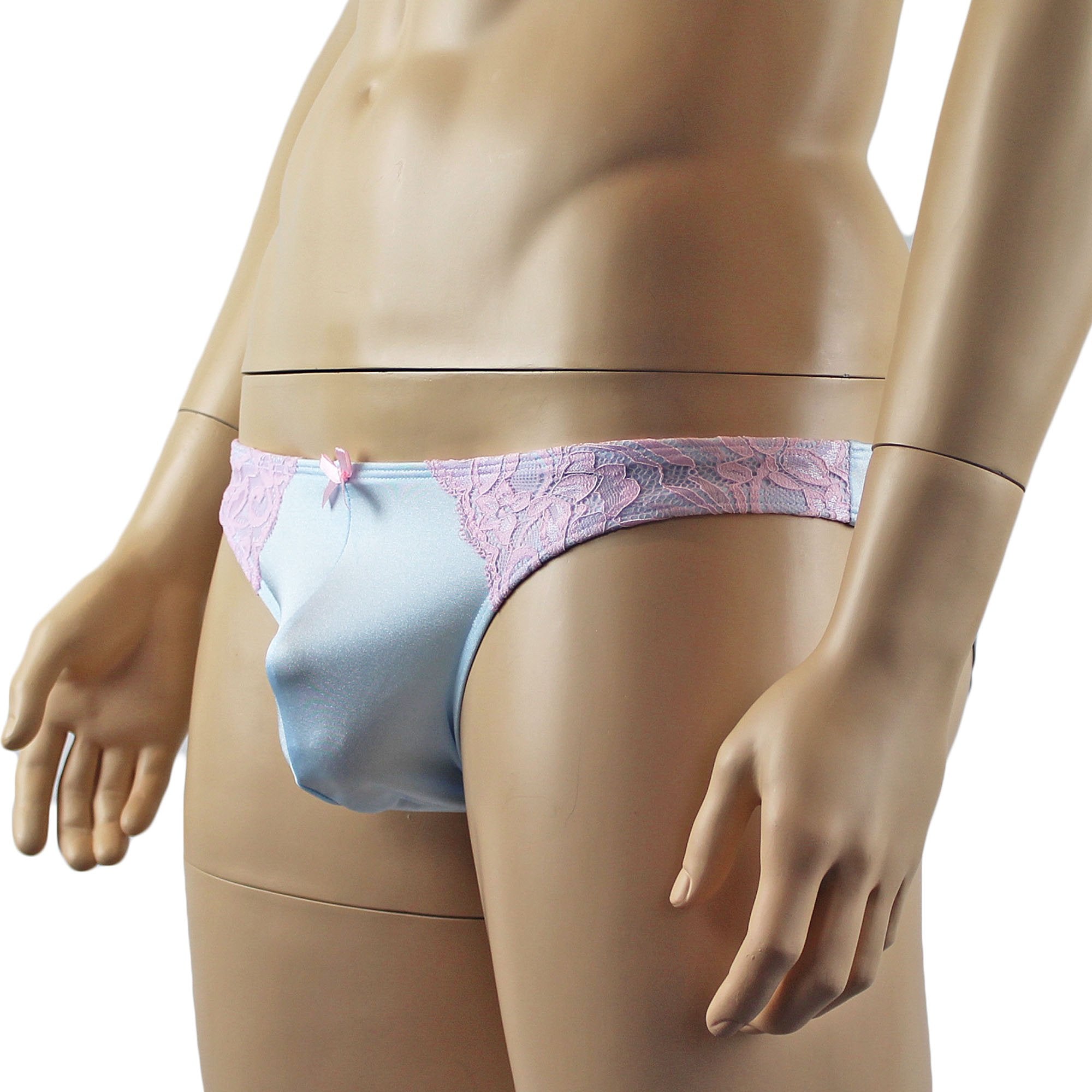 Mens Isabel Panty Stretch Spandex & Lace Bikini Brief with Sexy Back Light Blue and Pink Lace