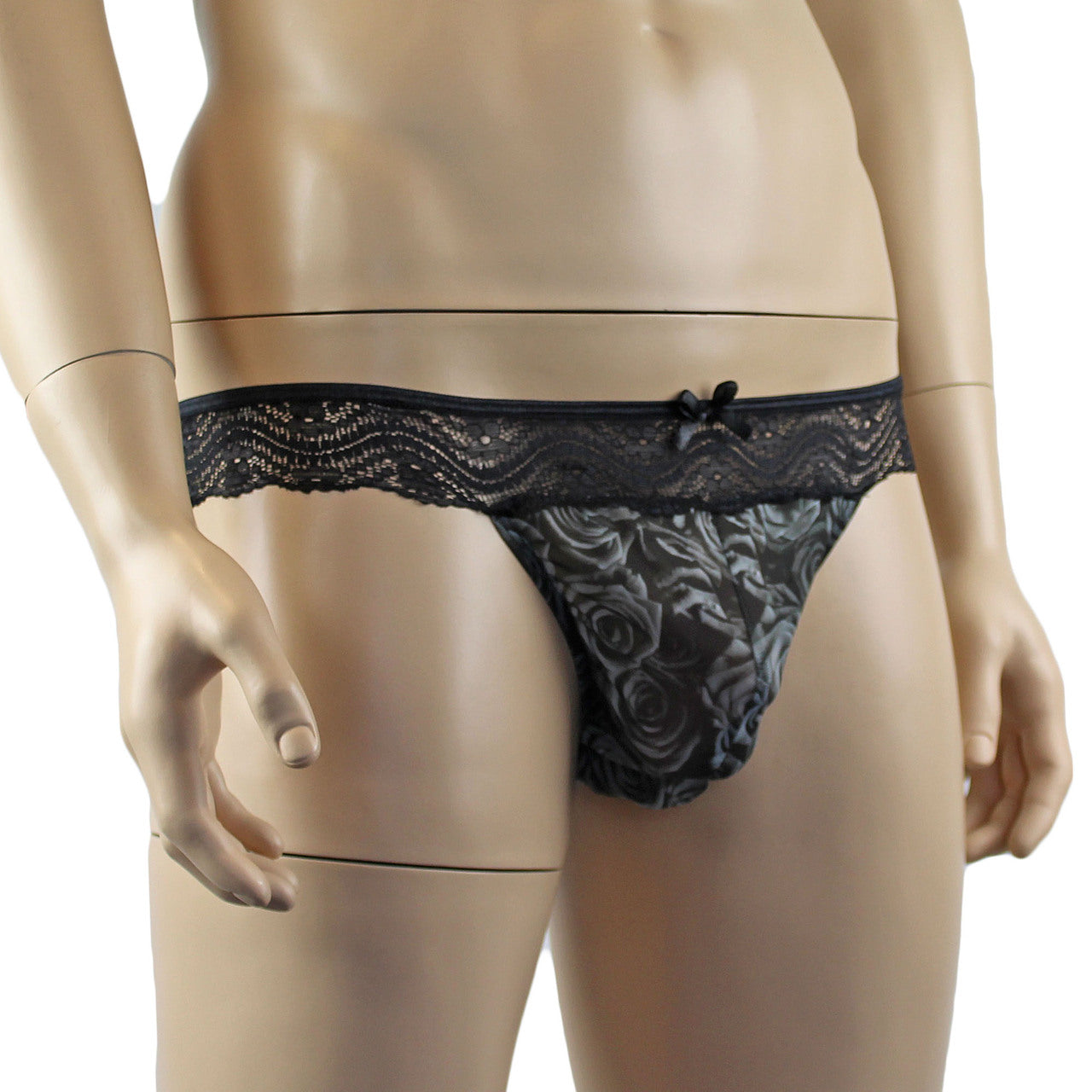 Mens Roses Bikini Brief, Sexy Sheer Lingerie Underwear Grey and Black Lace