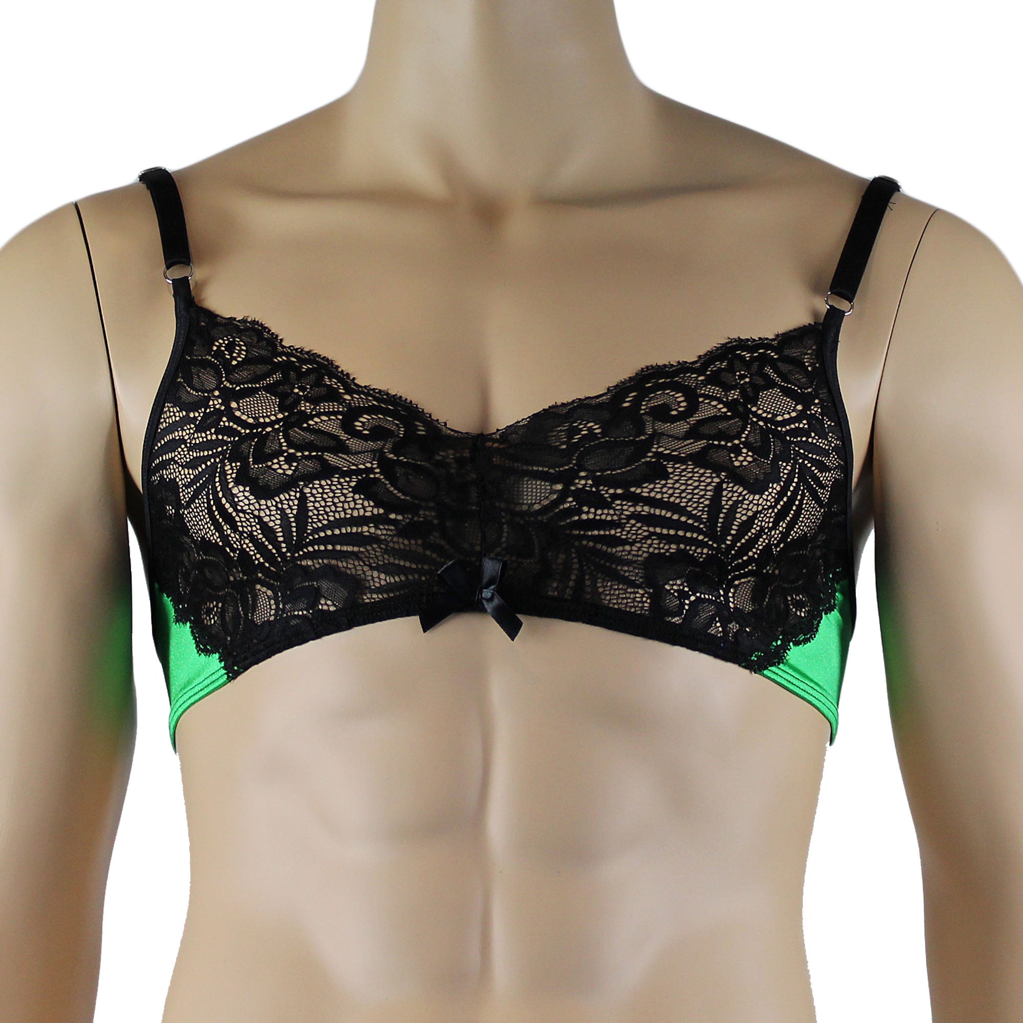 Mens Risque Bra Top, G string and Garterbelt Green and Black Lace