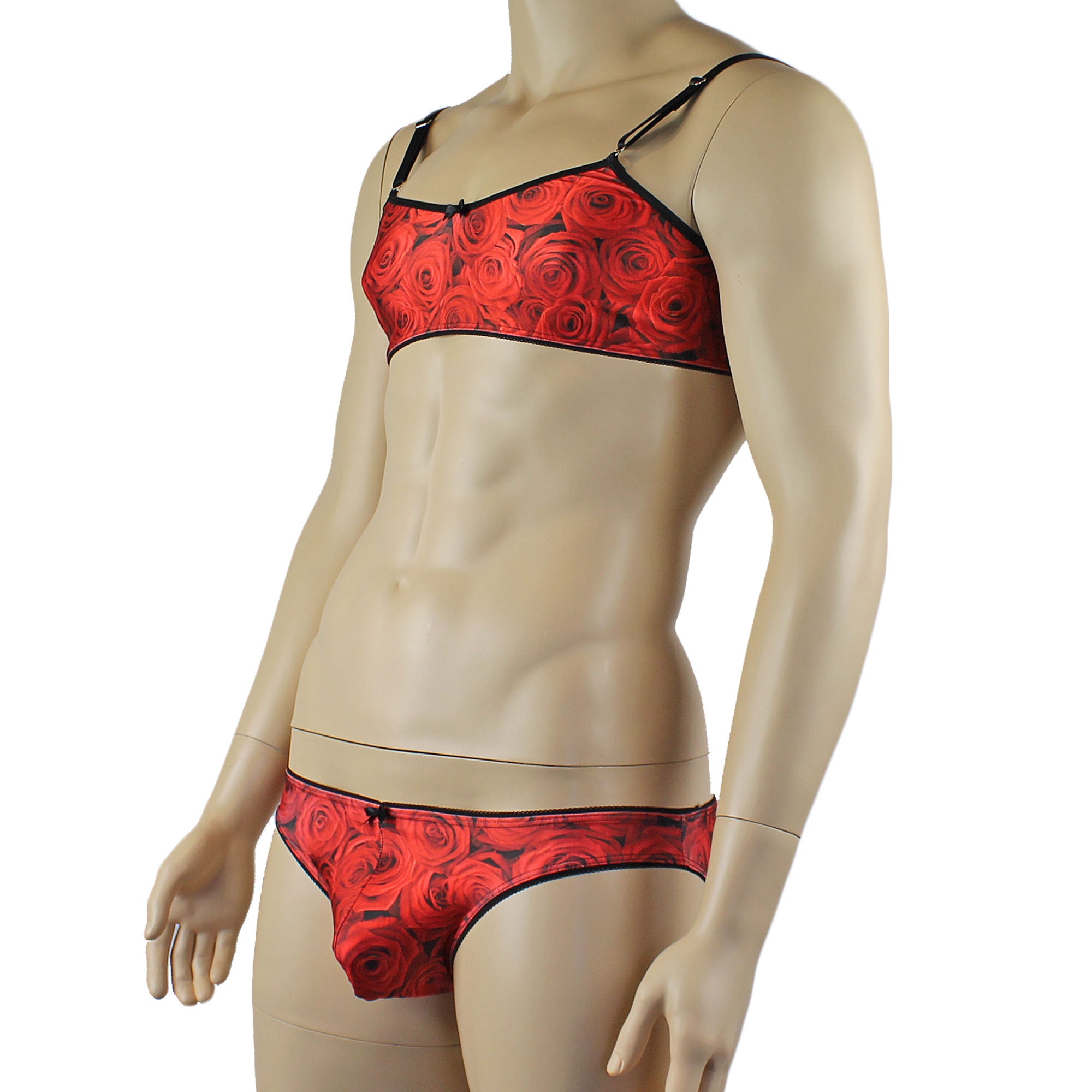 Mens Roses Spandex Bra Top and Bikini Brief with Elastic Pico Trim Red