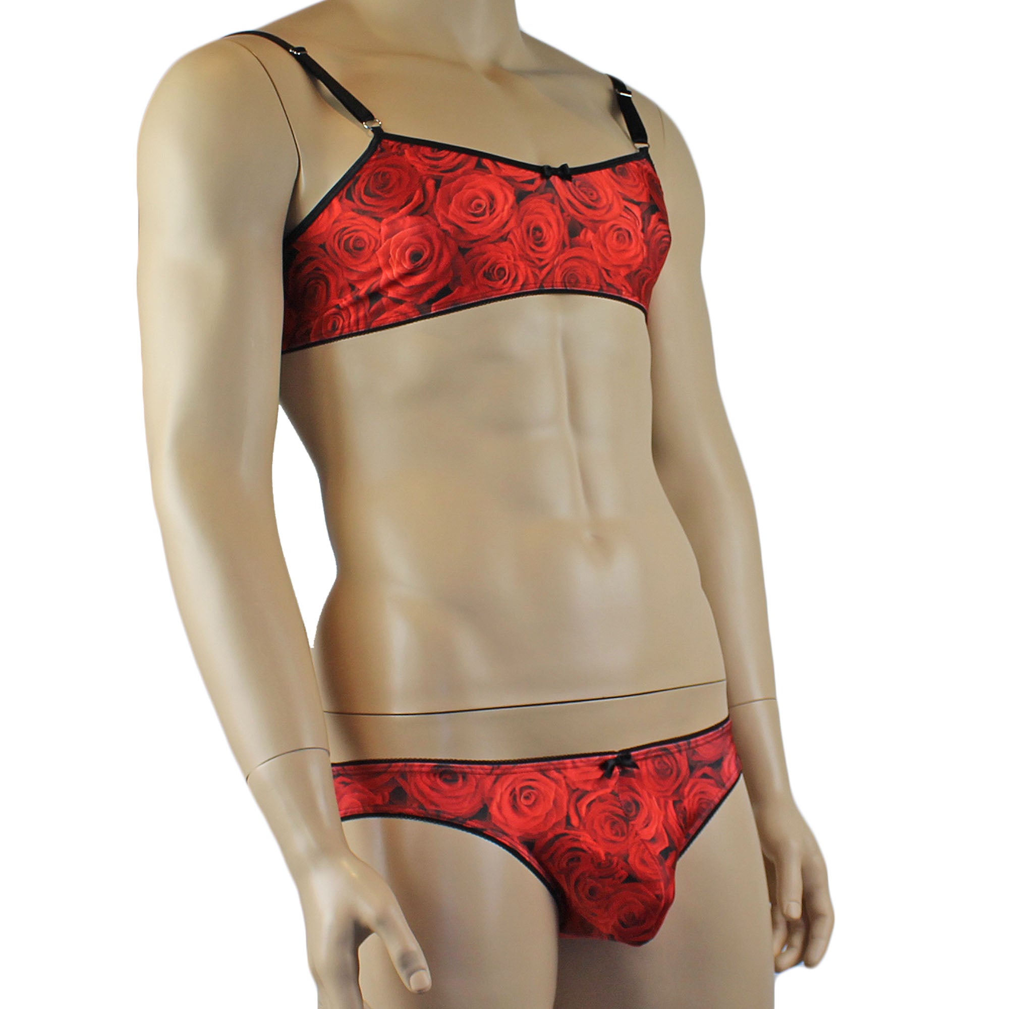 Mens Roses Spandex Bra Top and Bikini Brief with Elastic Pico Trim Red