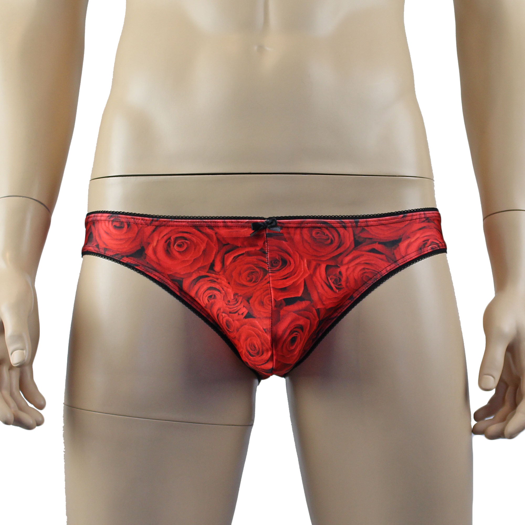 Mens Roses Spandex Bra Top and Bikini Brief with Elastic Pico Trim Red