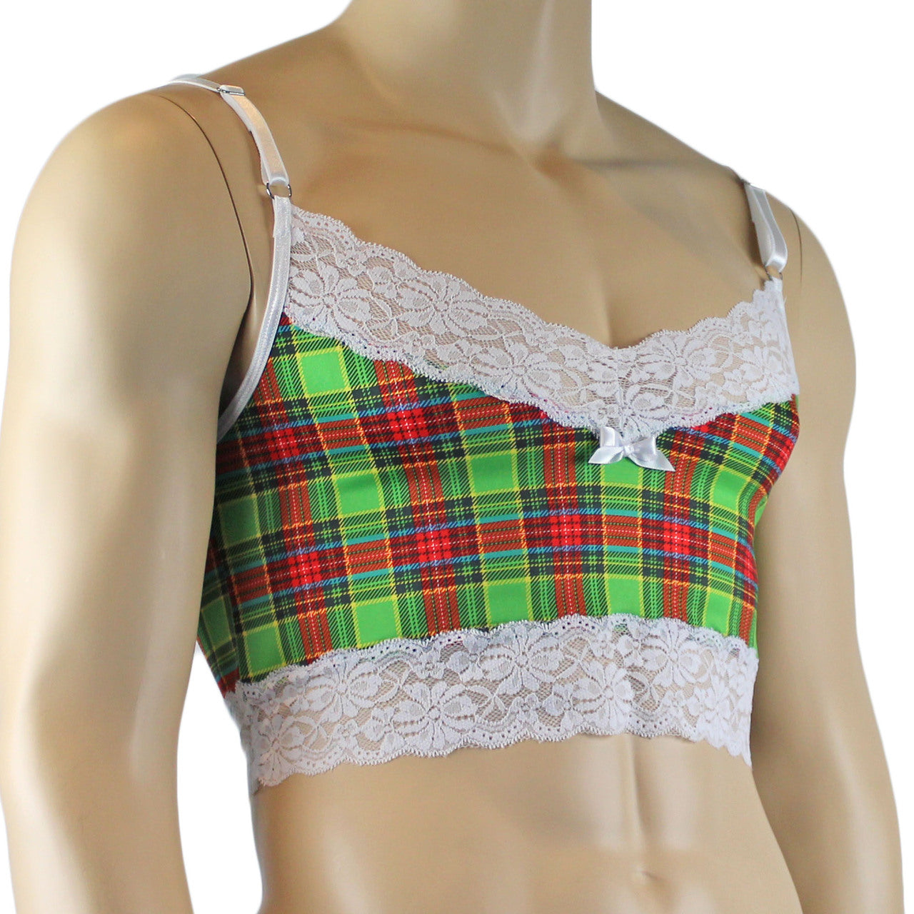 Mens Plaid Tartan Camisole Top with Lace Green and Red