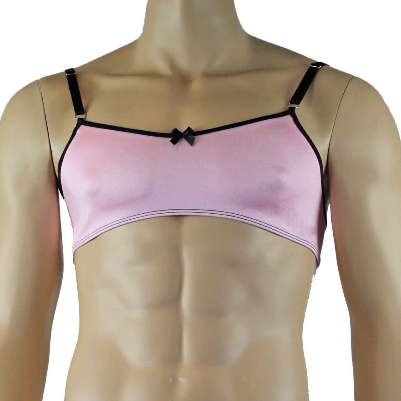 Mens Twinkle Lingerie Spandex Bra & G string with Bow, Light Pink & Black