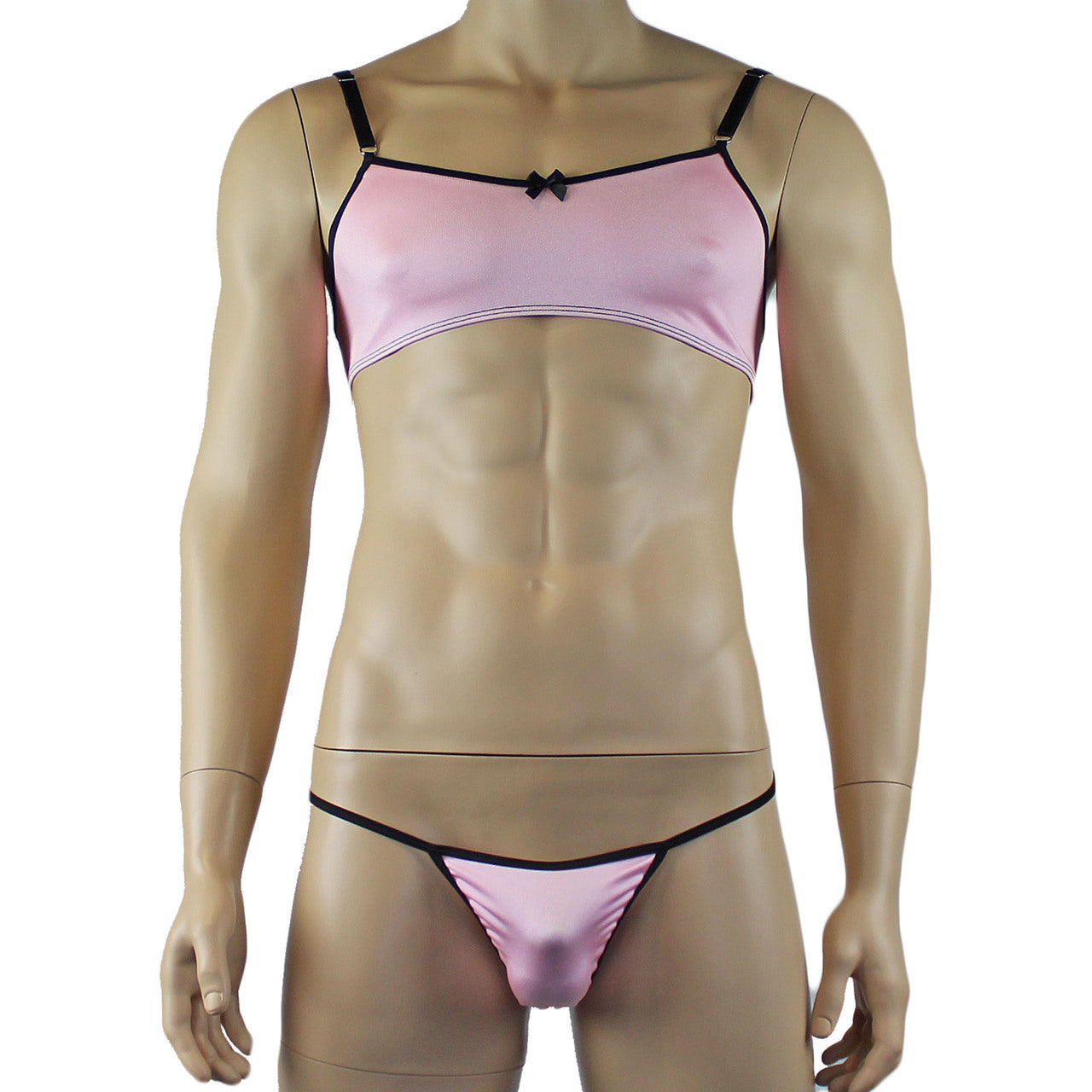 Mens Twinkle Lingerie Spandex Bra & G string with Bow, Light Pink & Black