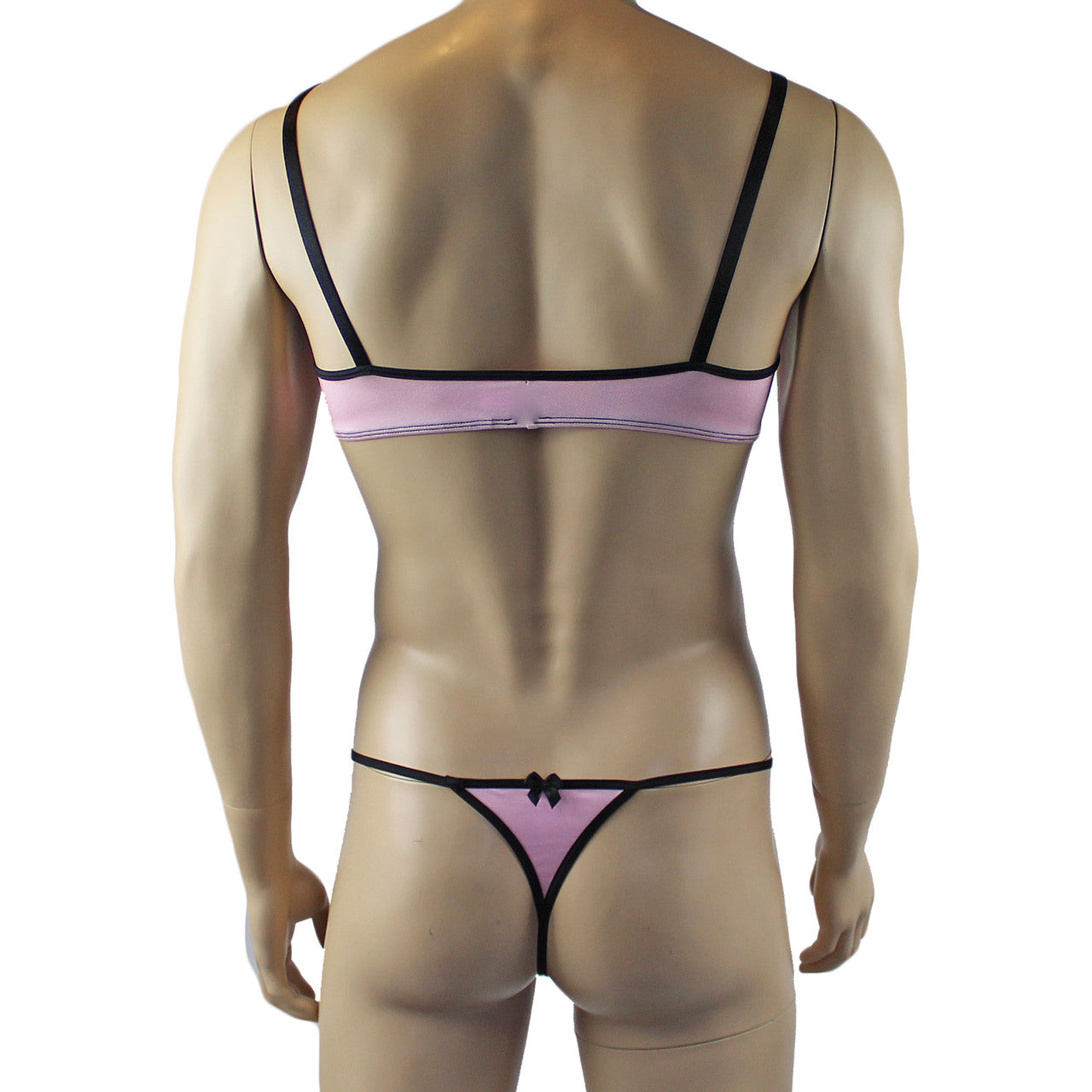 Mens Twinkle Lingerie Spandex Bra & G string with Bow, Light Pink & Black