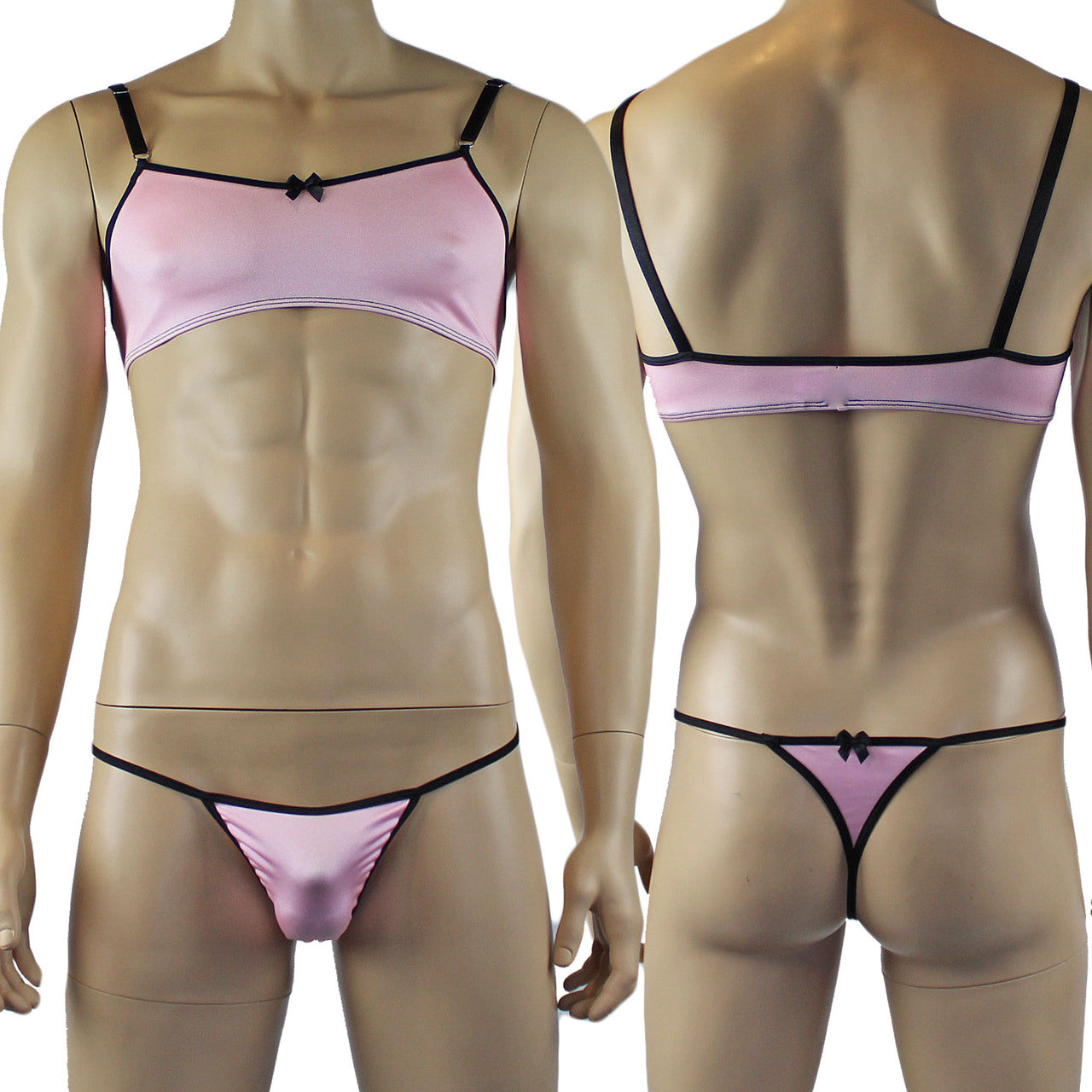 Mens Twinkle Lingerie Spandex Bra & G string with Bow, Light Pink & Black