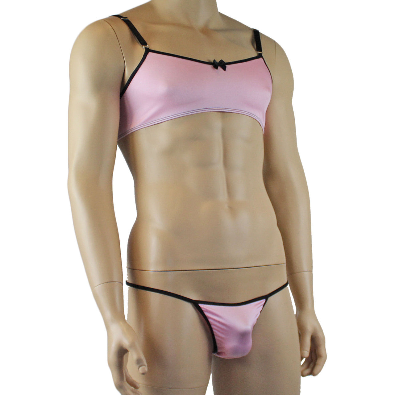 Mens Twinkle Lingerie Spandex Bra & G string with Bow, Light Pink & Black